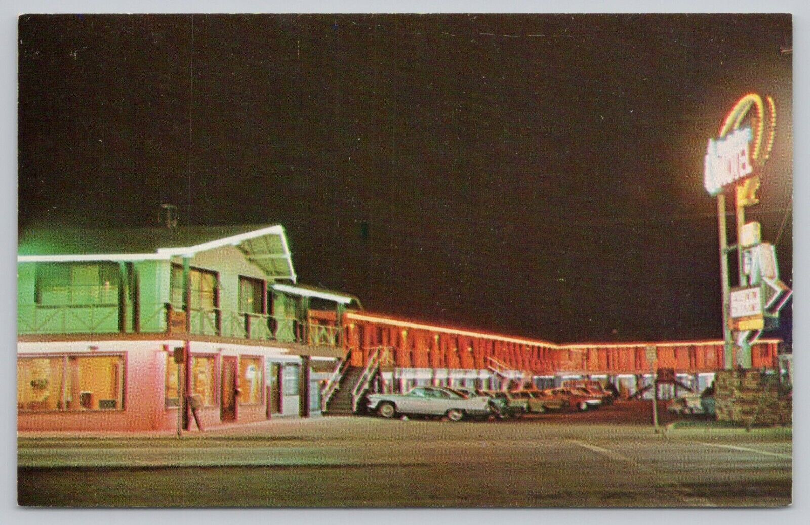 Postcard Apache Pines Motel Show Low Arizona in the White Mountains, night view