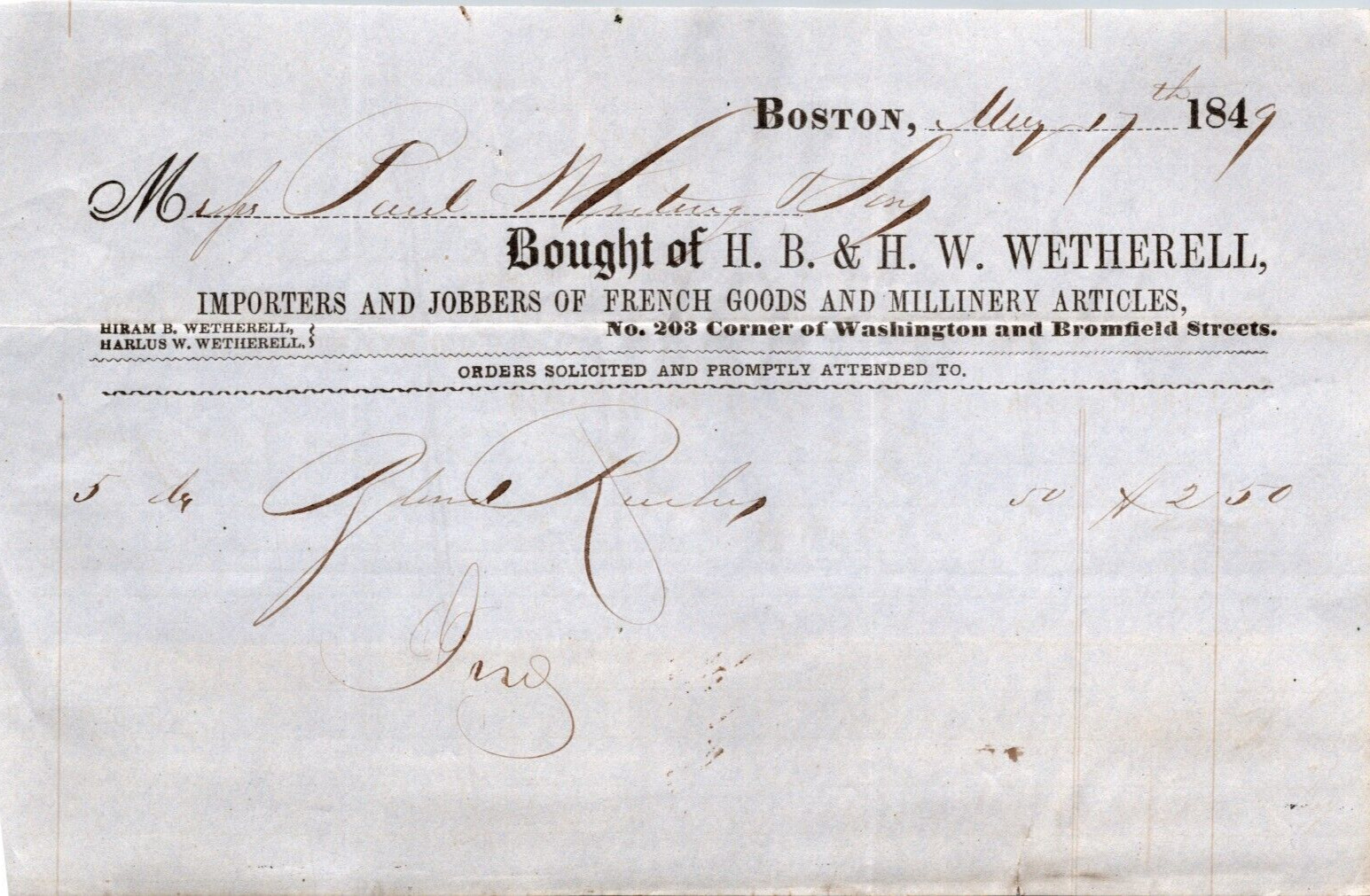 Wetherell Co Boston MA 1849 Billhead French Goods Millinery