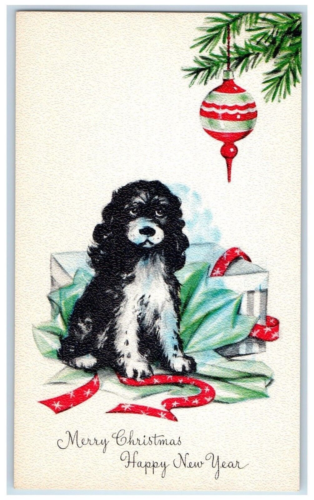 Merry Christmas And Happy New Year Cute Dog Balls Decoration Antique Postcard