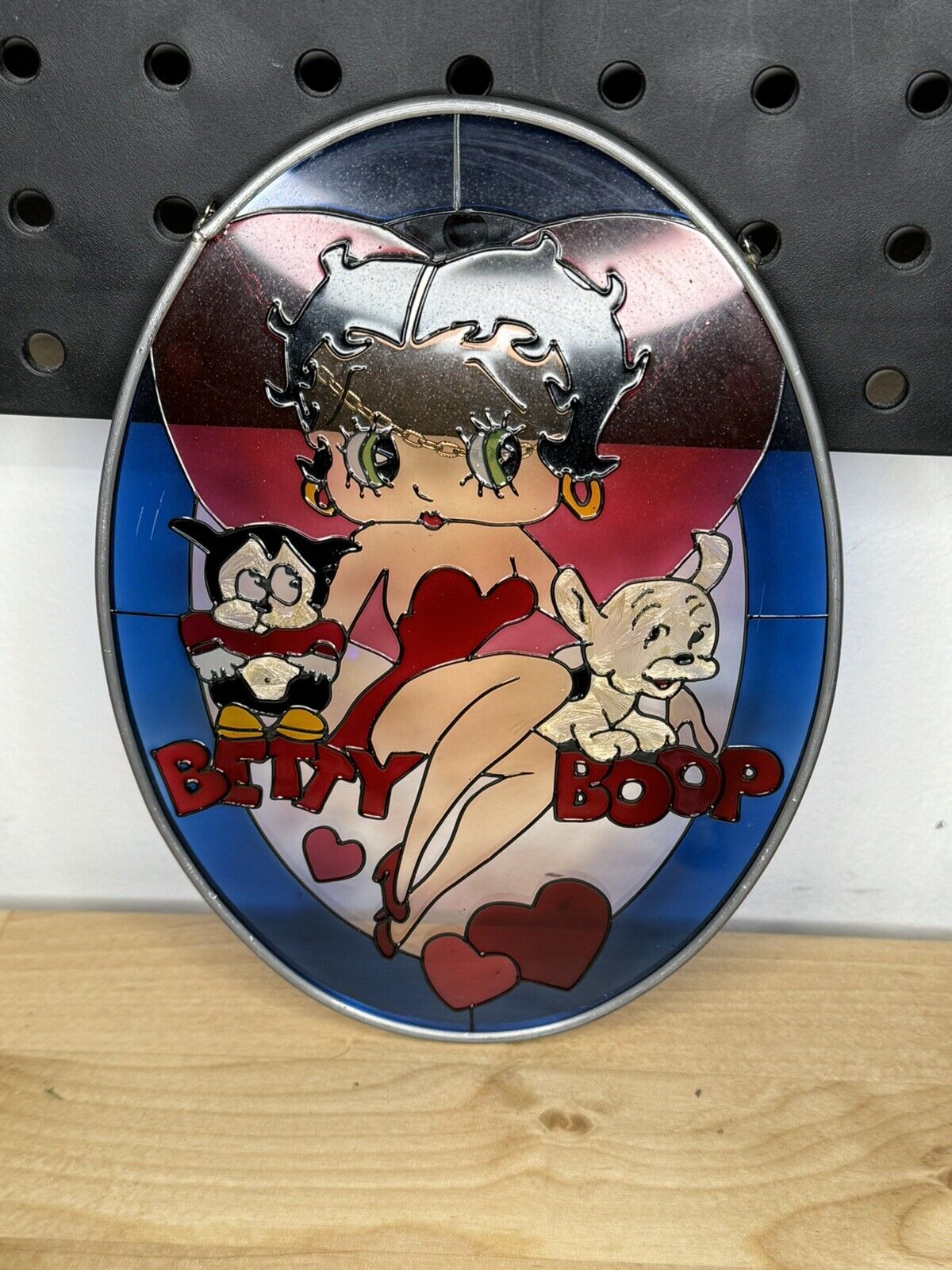 Vintage Betty Boop With Pudgy & Bimbo Stained Glass Sun Catcher Hanging 7 X5 3/8