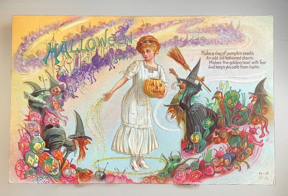 c.1912 Lady Jack O\' Lantern Witch & Goblins Halloween Vintage Postcard Nash H-12