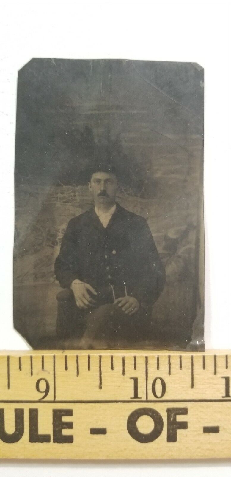 Antique Tintype Photograph HANDSOME YOUNG MAN IN SUIT Watch Chain D1
