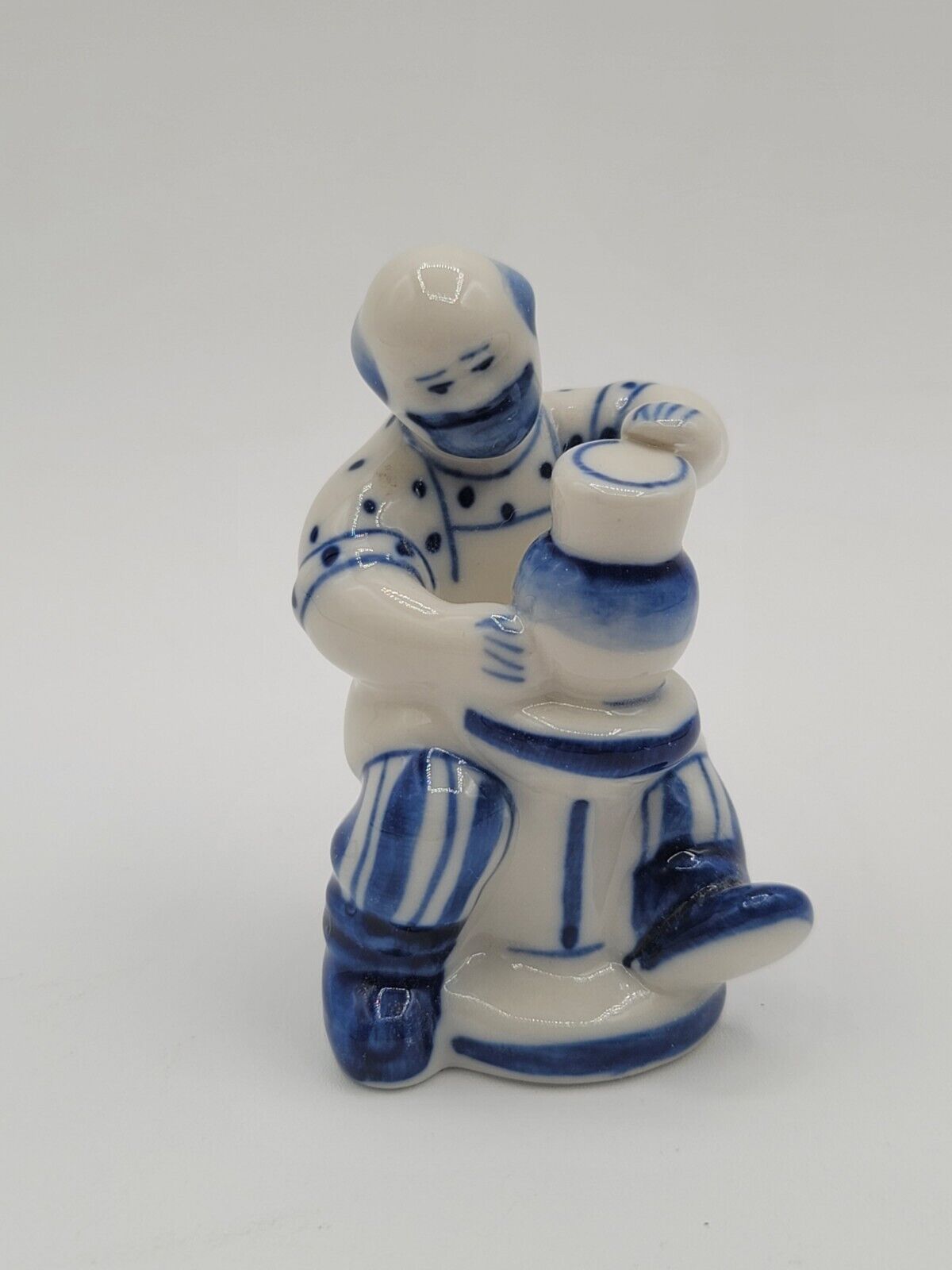 Vintage Russian Gzhel Handmade Porcelain Man Potter Figurine Blue & White