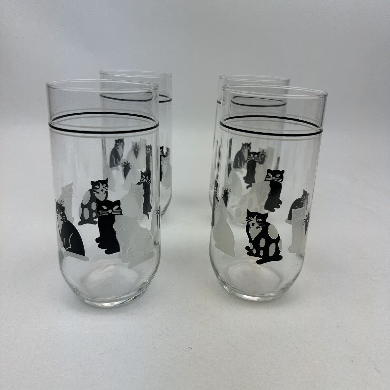 Set Of 4 Vintage Black & White Cat Water Tea Glass Tumblers 12 oz