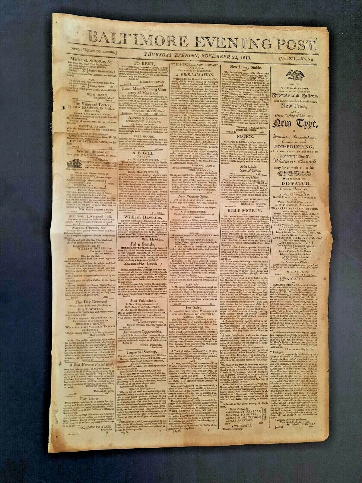 Baltimore Evening Post Newspaper Original November 1810 Sweeden Elections