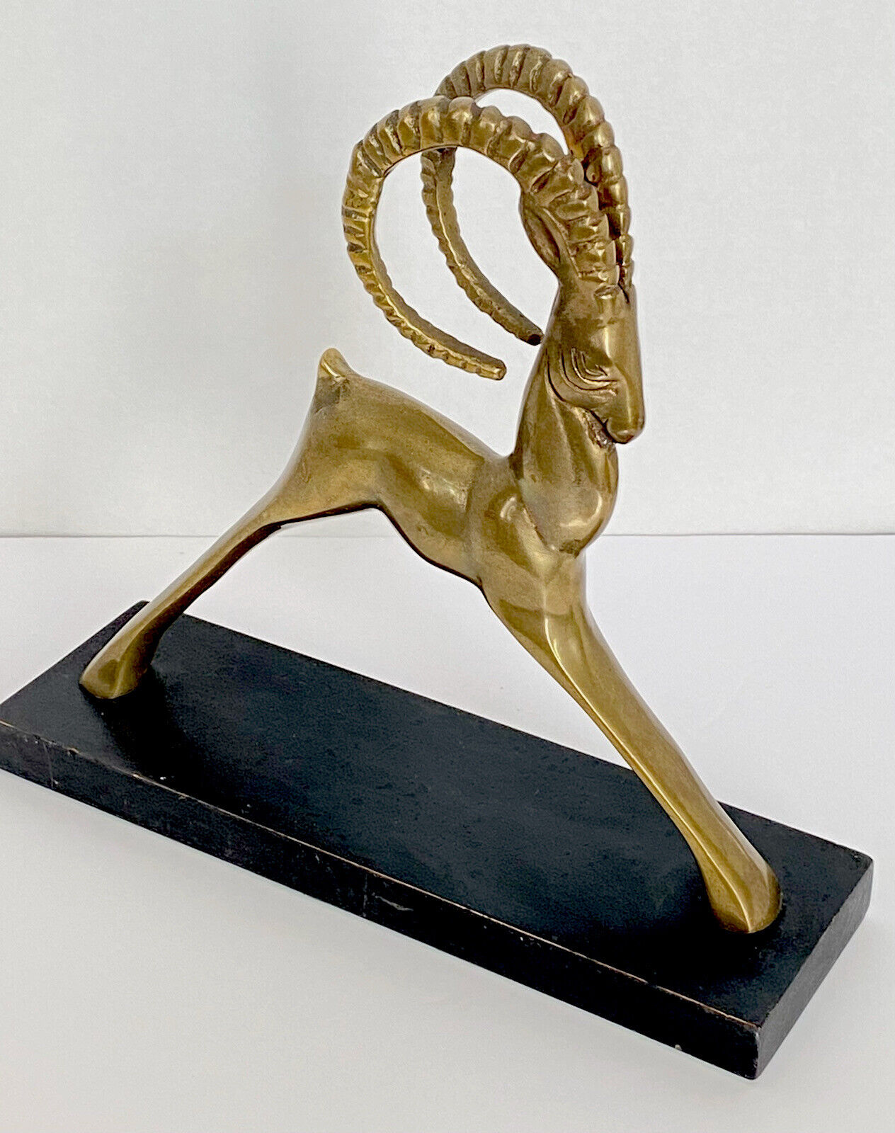 Modernist Hollywood Regency Brass Ram Gazelle Sculpture • Bookshelf Figure