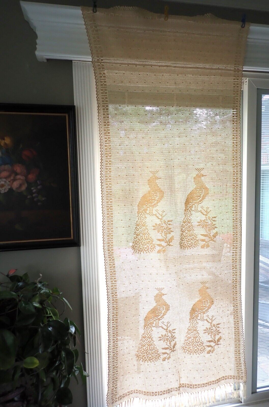 Pair Vintage Italian Hand Crochet Filet Lace Curtain Panels Peacocks Cream Color