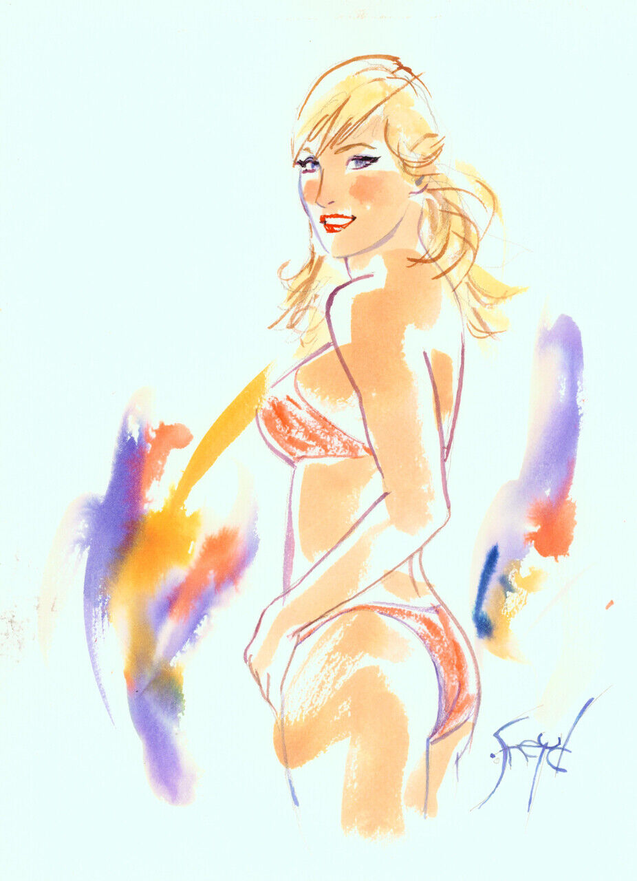 Playboy Artist Doug Sneyd Signed Original Art Sketch ~ Blond in Pink Bikini