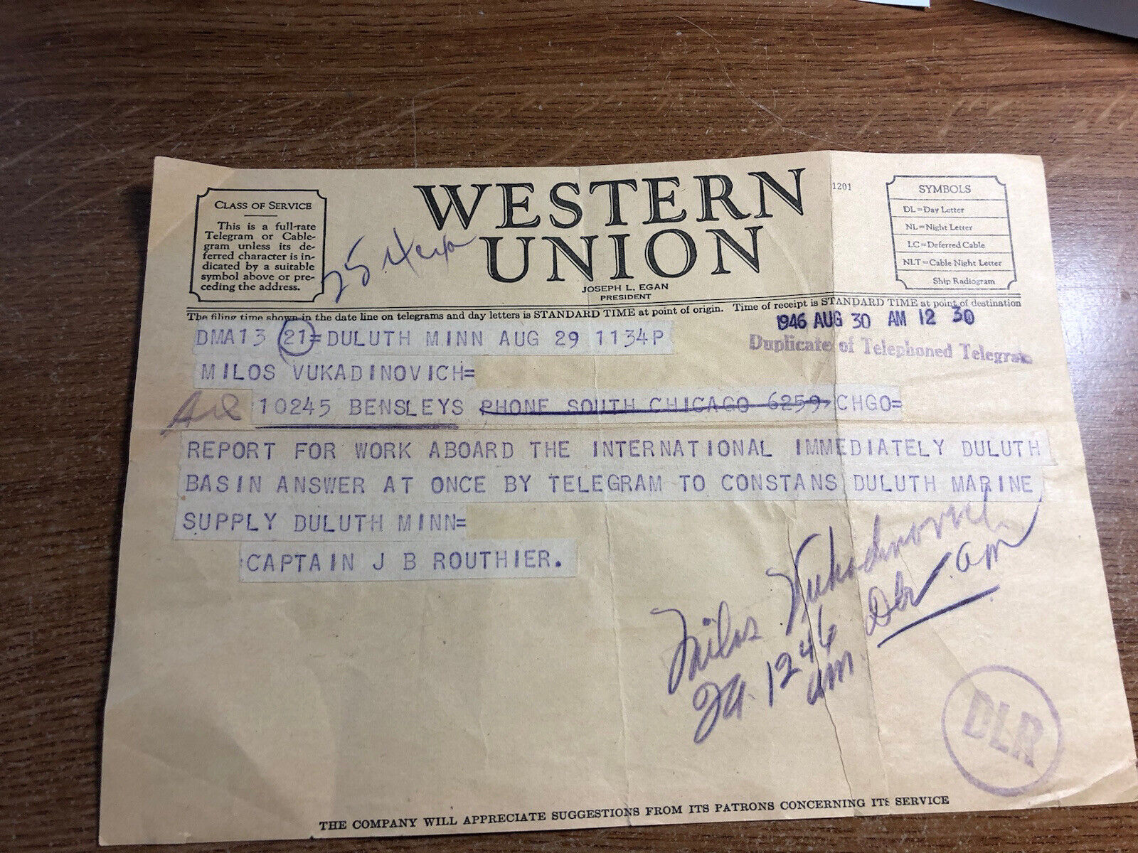 Vtg 1946 Western Union Telegram Ephemera Report for work Duluth MN Marine Supply