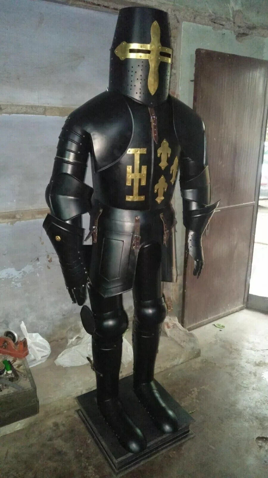 Medieval Full Black Templar Knight Suit Of Armor Wearable Costume 18 Gauge