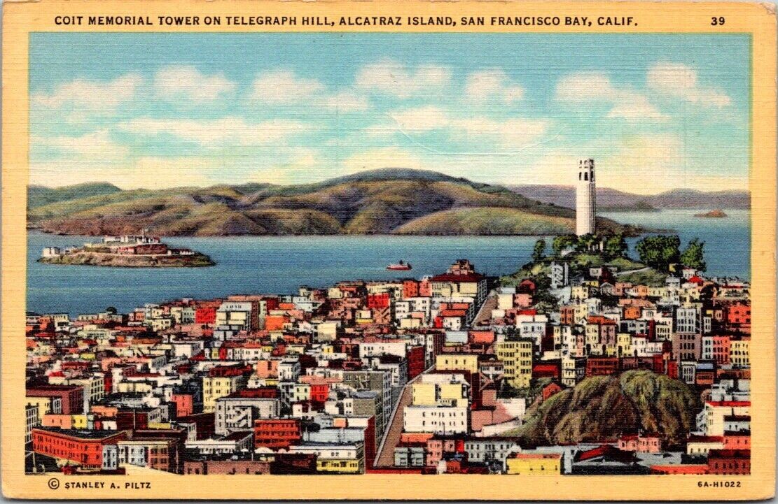 San Francisco CA Colt Memorial Tower Aerial View c1946 Chrome Postcard 120