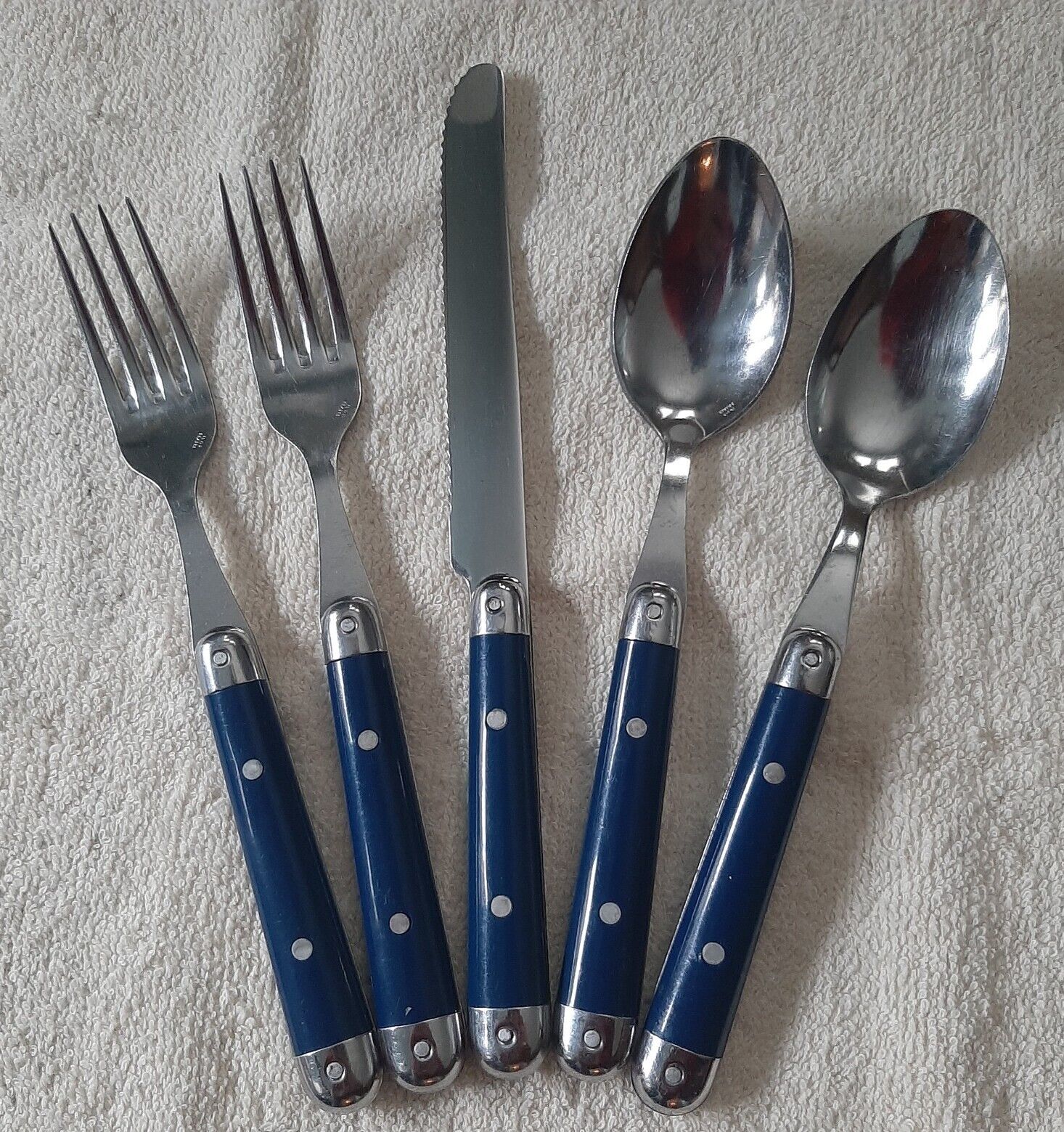 Vintage Inox Stainless Steel Flatware 5 Pieces Navy  Blue with Rivets France