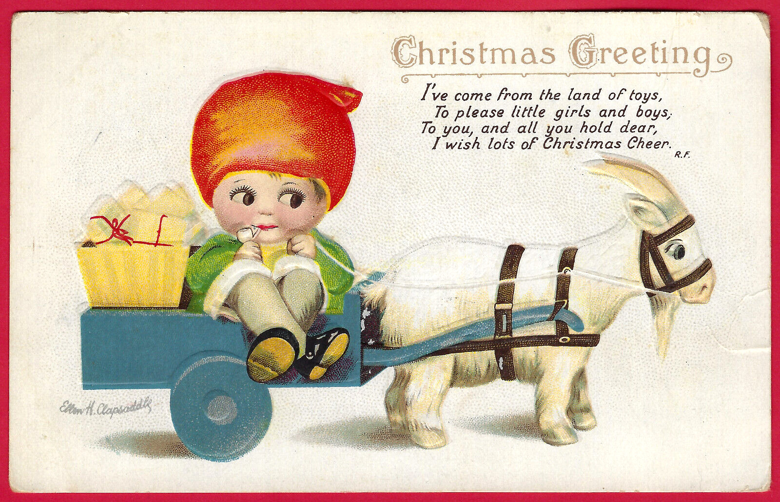 Yule Goat Cart Clapsaddle Christmas Elf Googly Eyes A/S Emb Antique PC Vtg c1915