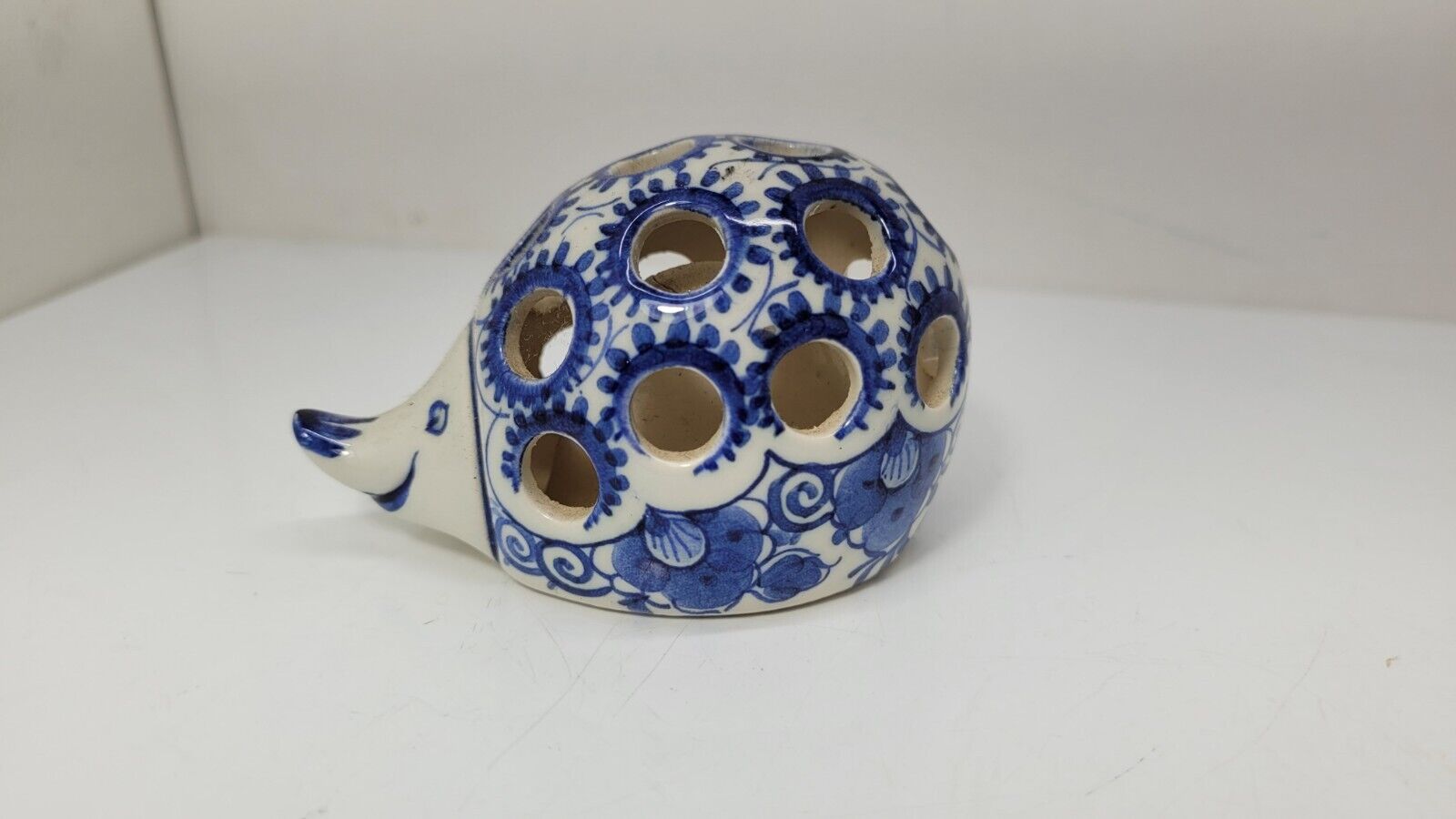 Delft Hedgehog Flower Frog Vintage Blue And White Figurine Rare Signed