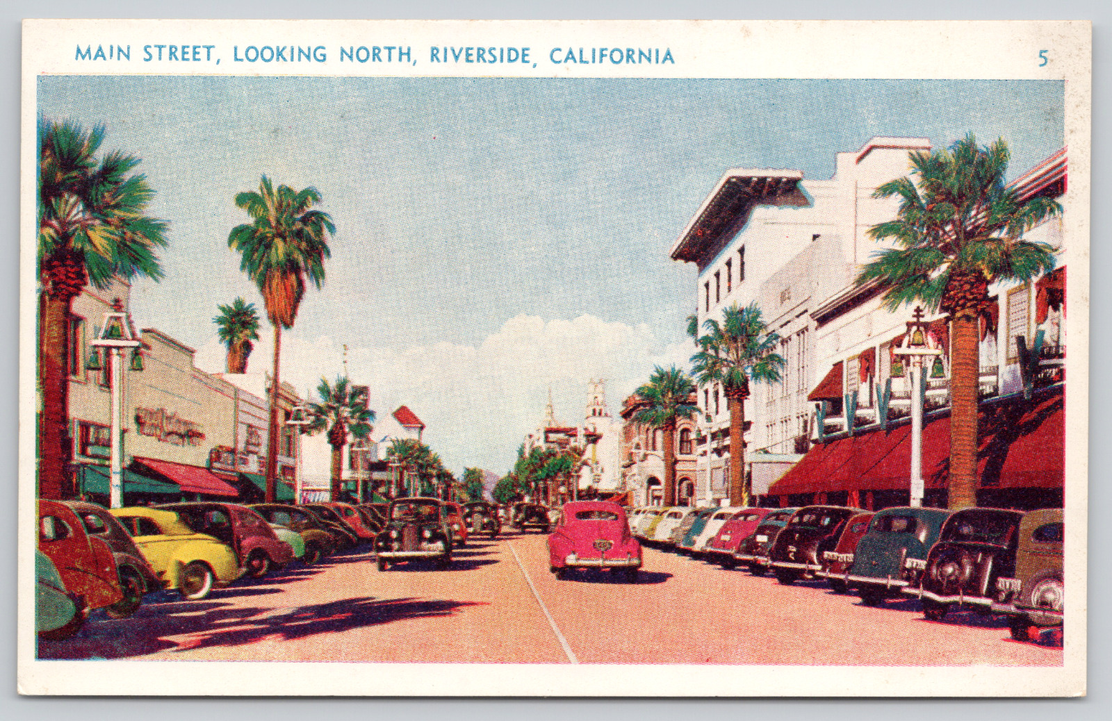 Postcard Riverside, California Main Street, Looking North Old Cars A329
