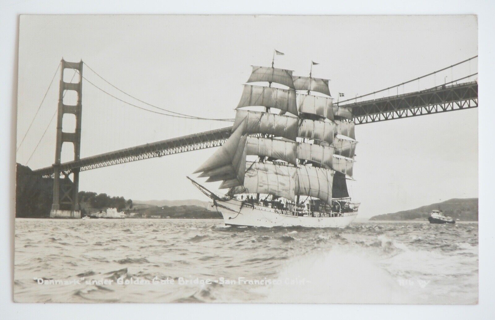 San Francisco CA * “Danmark” Ship Under Golden Gate Bridge RPPC Vtg 40s Postcard