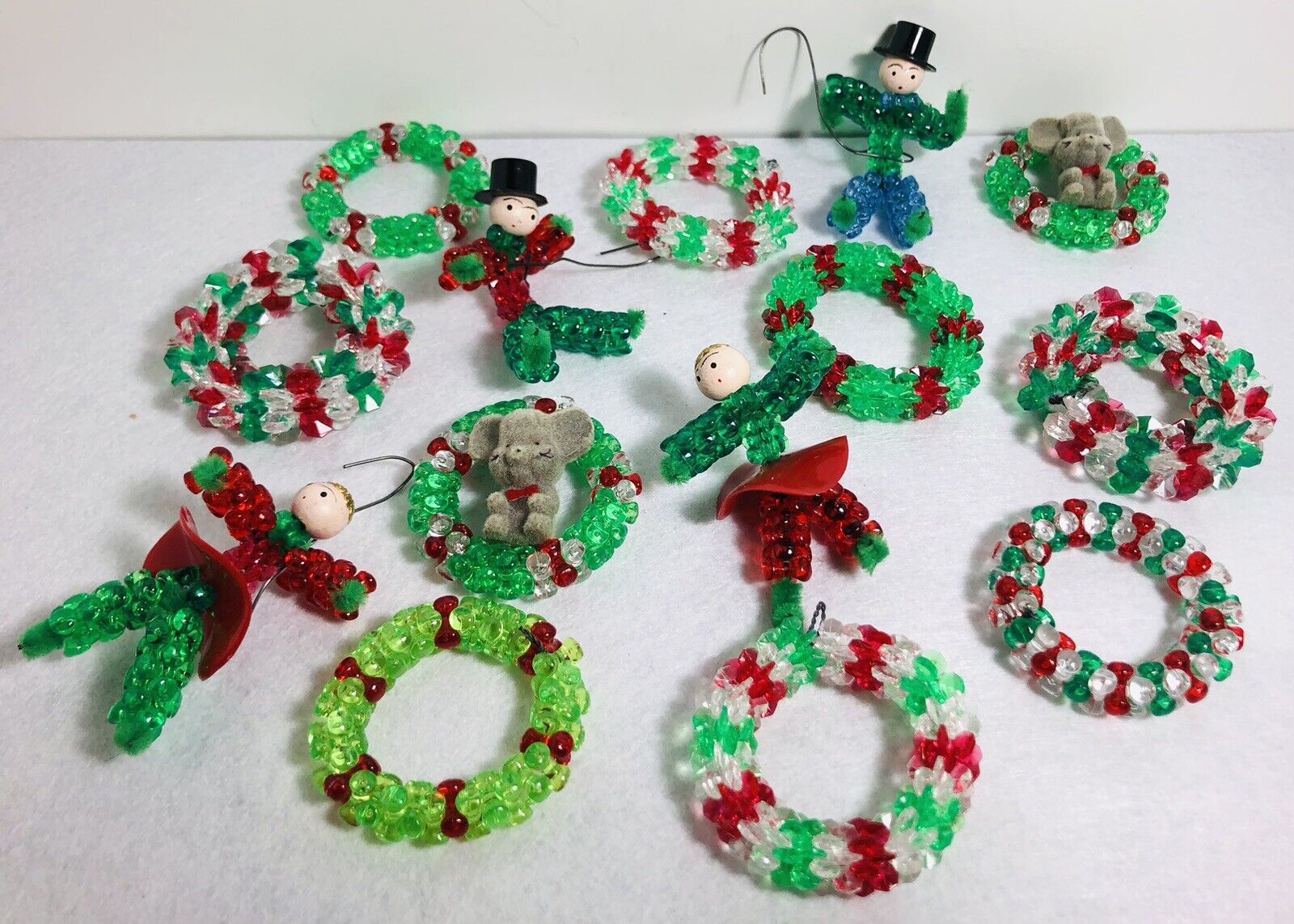Lot of 14 Vintage Handmade Plastic Beaded Xmas Ornaments