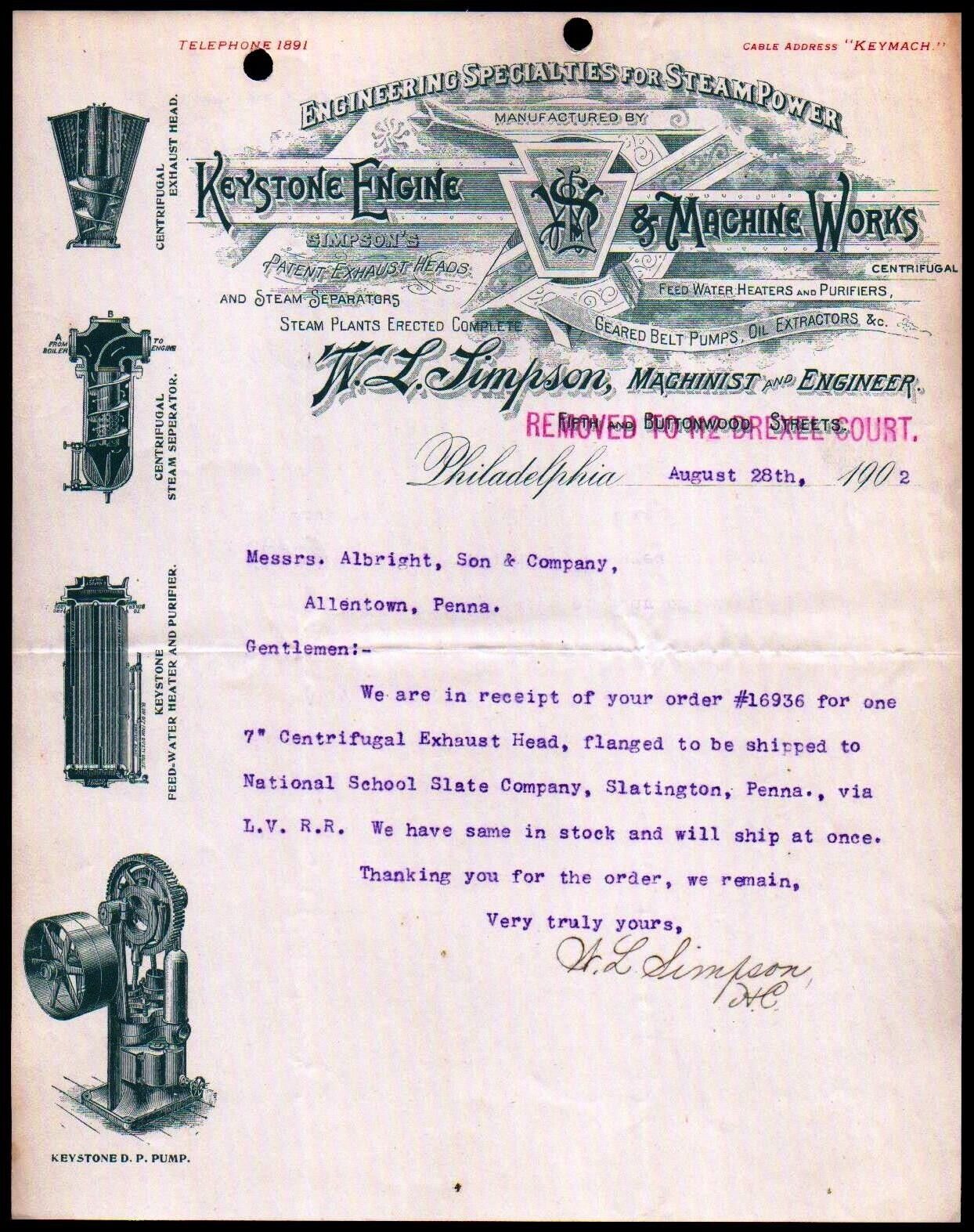 1902 Philadelphia - Keystone Engine & Machine Works - W L Simpson - Letter Head