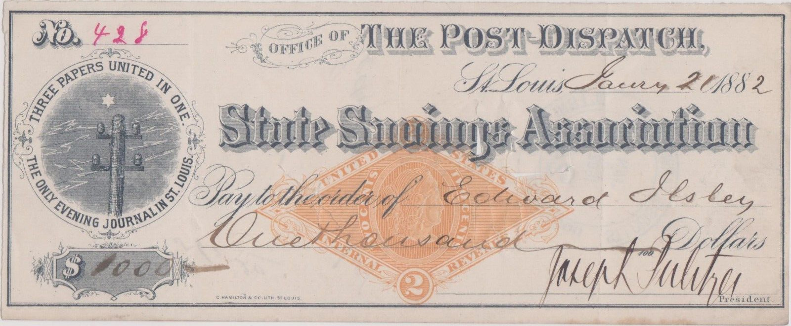 JOSEPH PULITZER SIGNED CHECK DATED JANUARY 21, 1882 - FAMOUS NEWSPAPER PUBLISHER