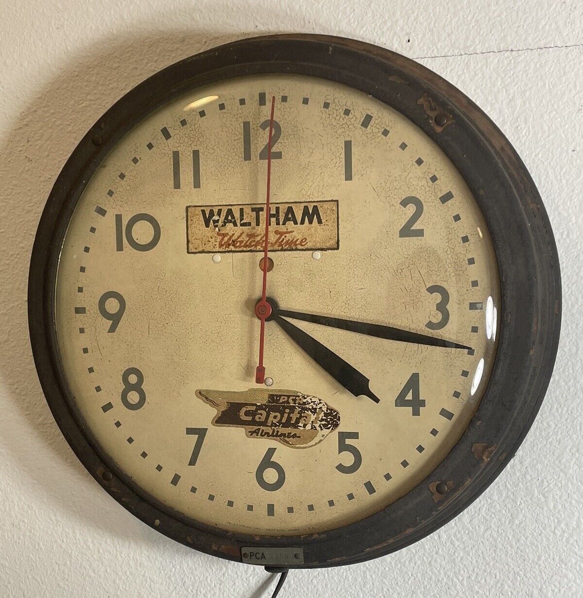 1940’s-50’s Telechrom Commercial 14” Wall Clock - Waltham PCA Capital Airlines