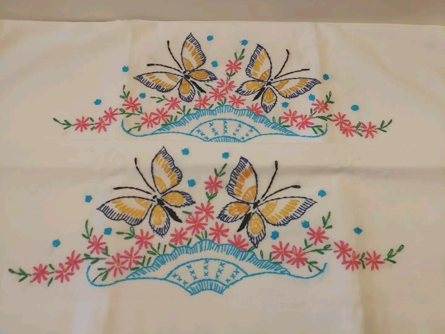Vtg. Pair Hand Embroidered Crochet Edge Cotton Pillowcases Butterflies New