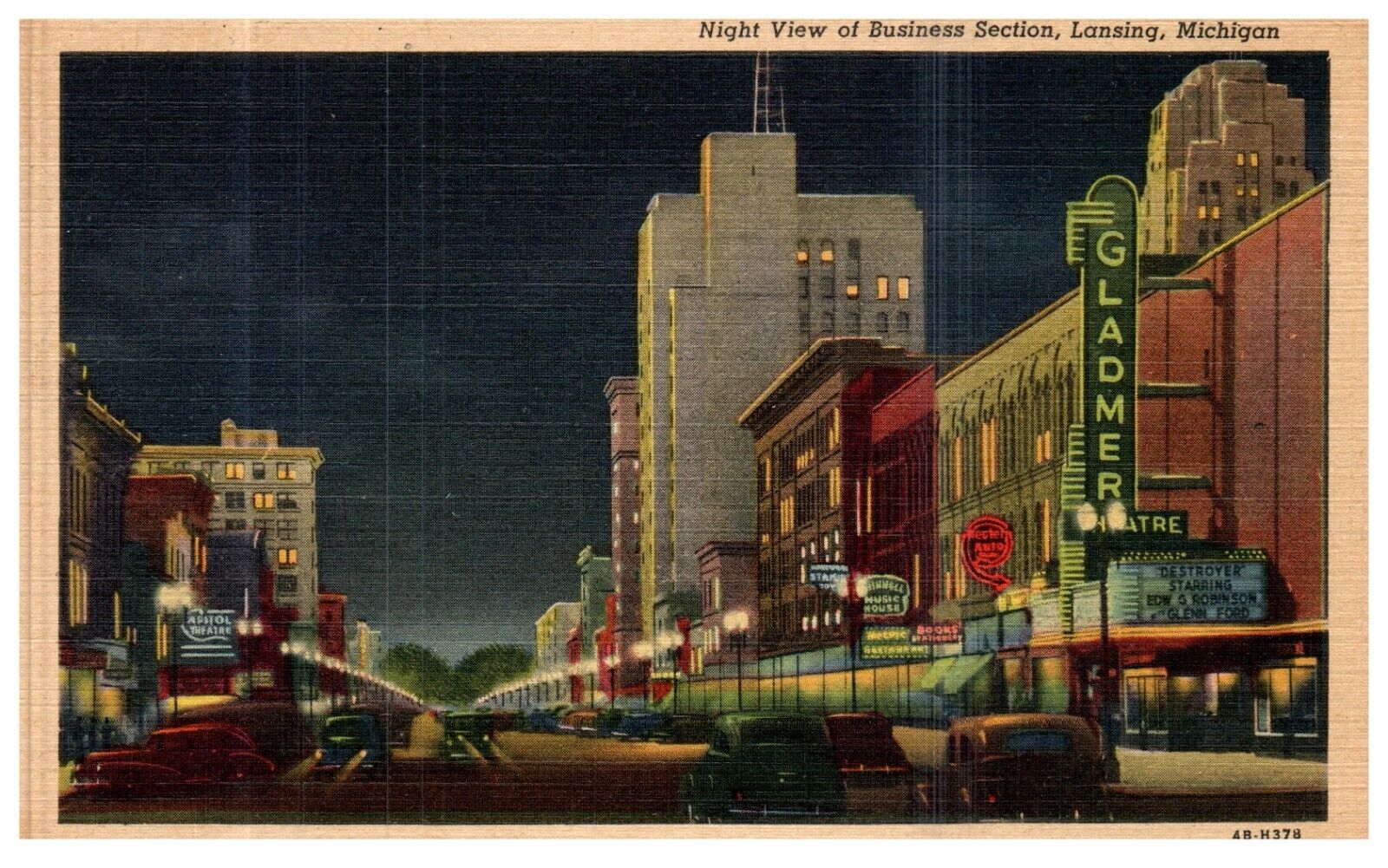 Michigan Lansing Night View Business Section 1944 Vintage Linen Postcard-L2-207