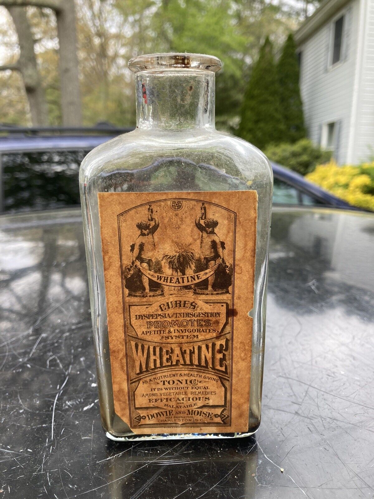 Antique Wheatine Tonic Bottle Paper Label Dowie & Moise Charleston SC Medicine