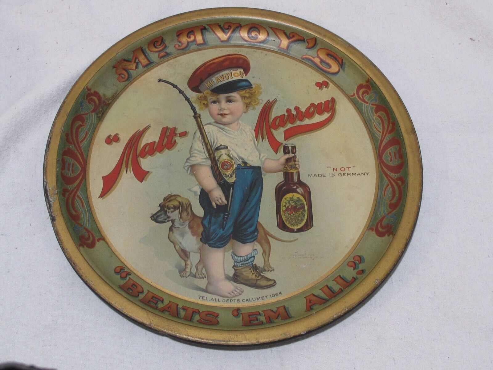 Antique McAvoys Malt Marrow Brewery Tray Boy and Dog 1899