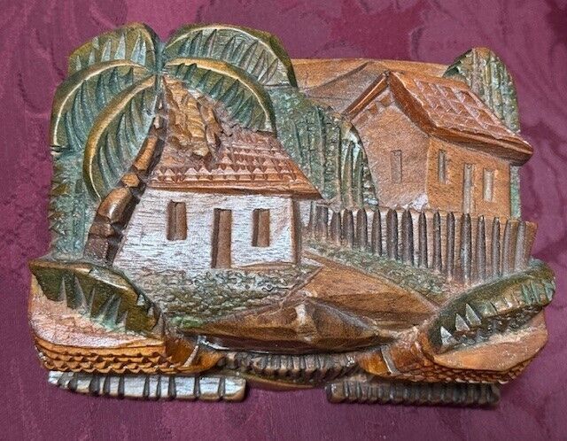 Vtg Hand Carved Folk Art Hinged Wood Trinket Jewelry Box Souvenir Mkd Honduras