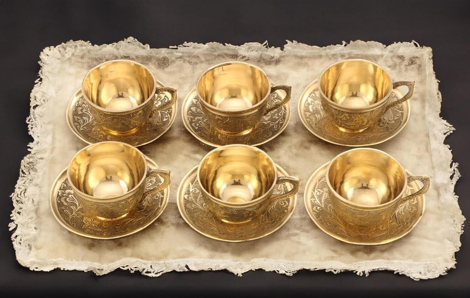 Pure Brass Cup Saucer for Serving Tea/Coffee Embossed Serveware 150 ML Set of 6