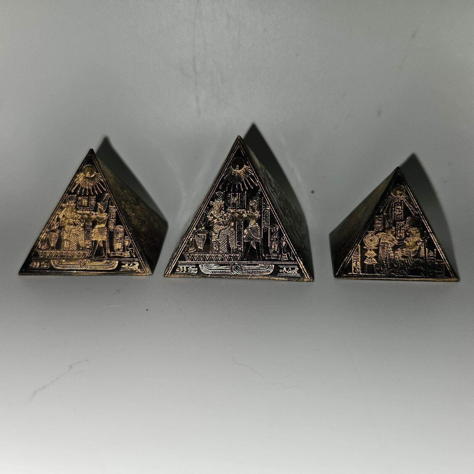 Set of 3 Vintage Miniature Egyptian Pyramids - Etched