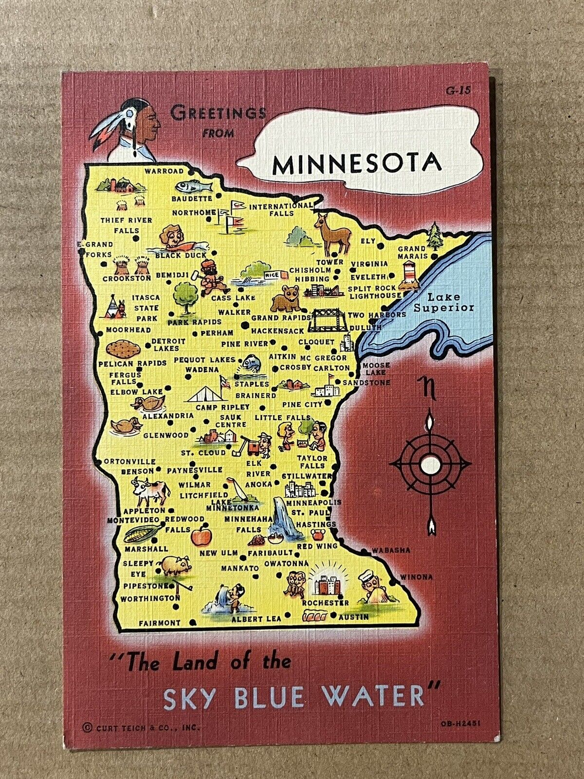 Postcard Minnesota MN Pictorial Map Greetings Indian Sky Blue Water Vintage PC