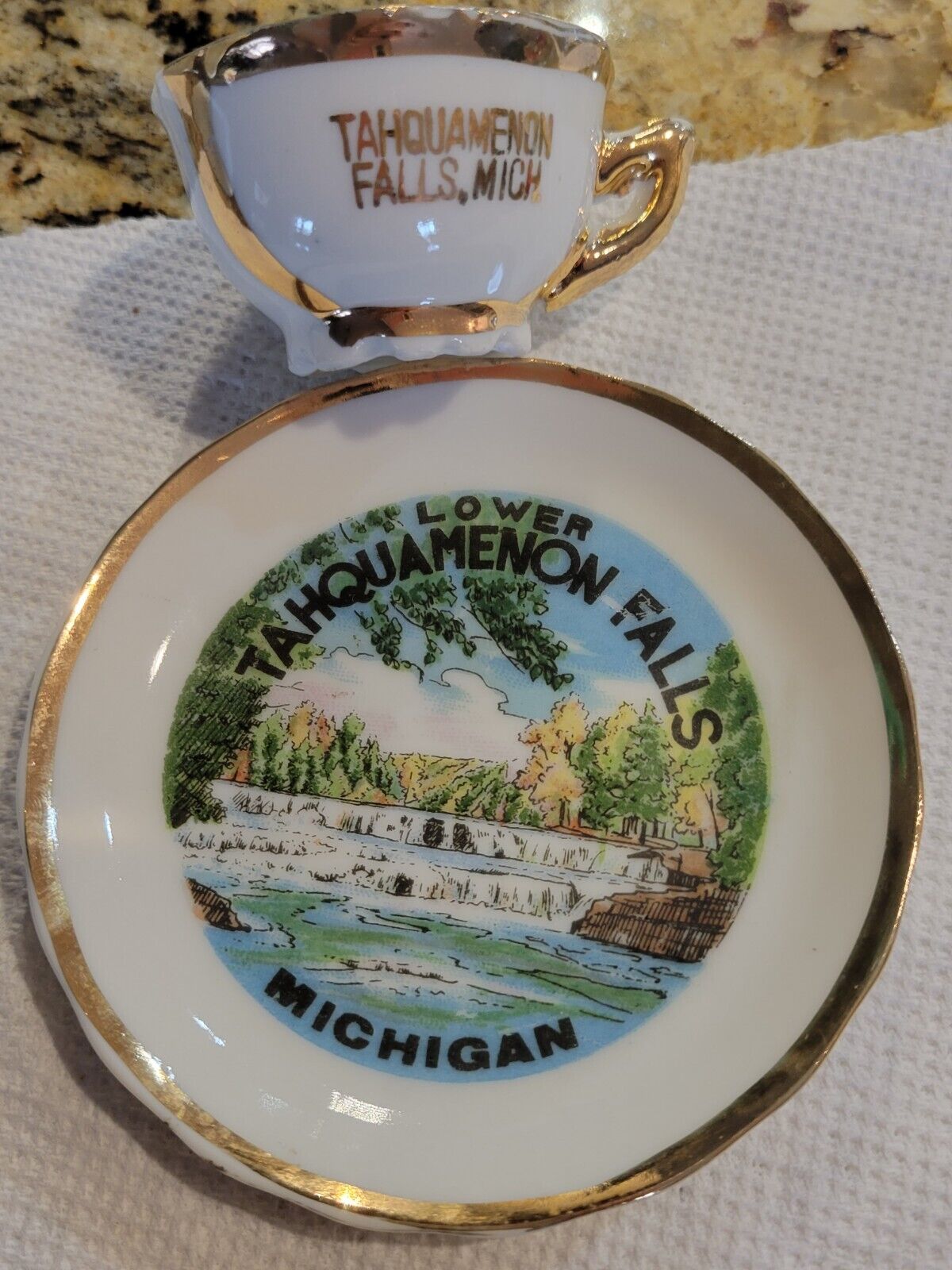 Vintage Souvenir Gold Tahquamenon Falls Michigan Tea Cup & Saucer Miniature 