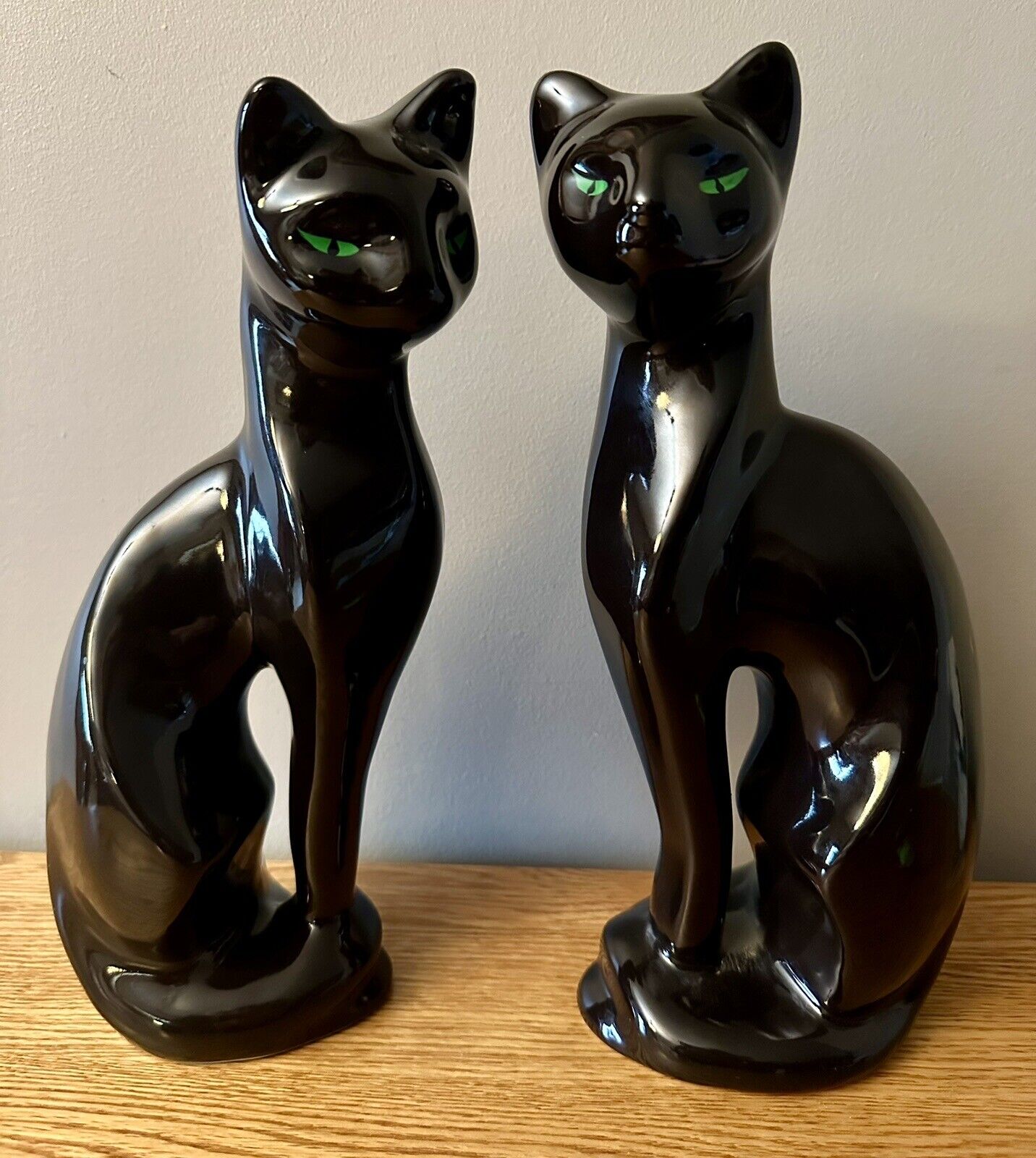 Pair Of Vintage Artmark Ceramic Sleek Black Cats Slant Green Eyes MCM