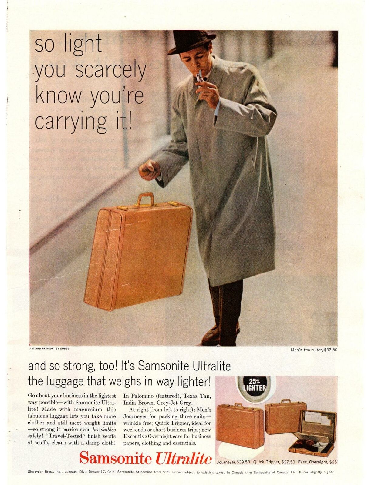 1957 Samsonite Streamlite Ultralite Briefcase Shwayder Bros. Denver CO Print Ad