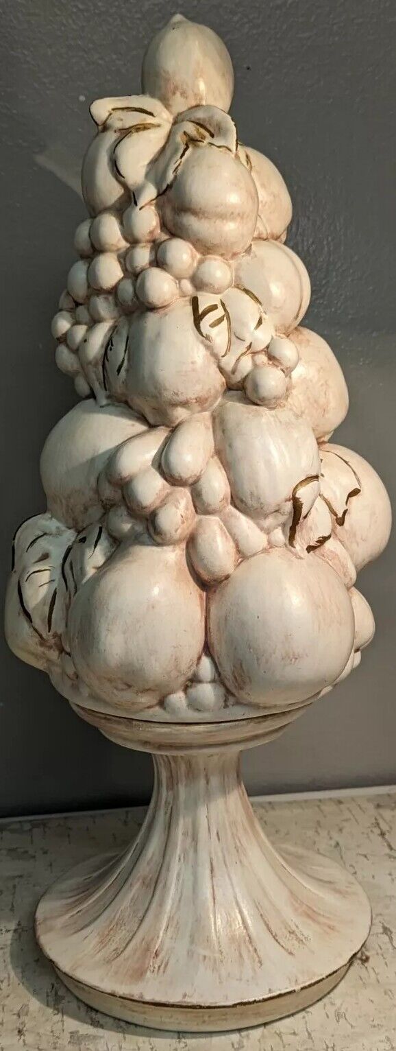 Mid Century Ceramics Fruit Topiary Pedestal Beige Gold Paint Accents 2 Piece 18”