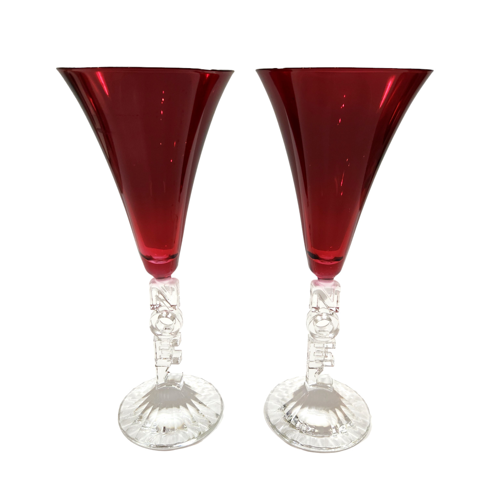 Set of 2 Crystal DArques Red Clear NOEL Christmas Champagne Flutes Glasses 8 oz