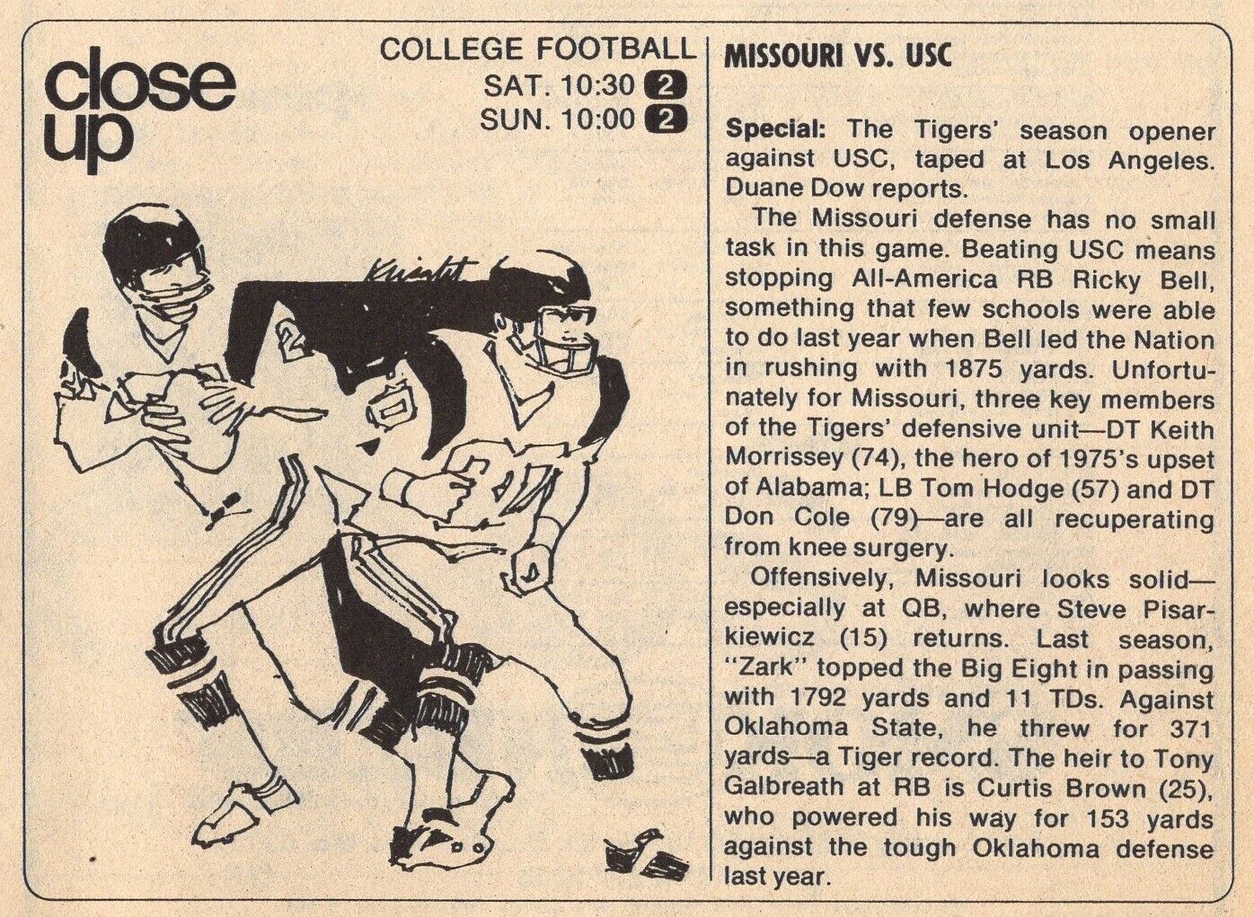 1976 COLLEGE FOOTBALL TV AD MISSOURI TIGERS HAND USC TROJANS ONLY LOSS OF SEASON