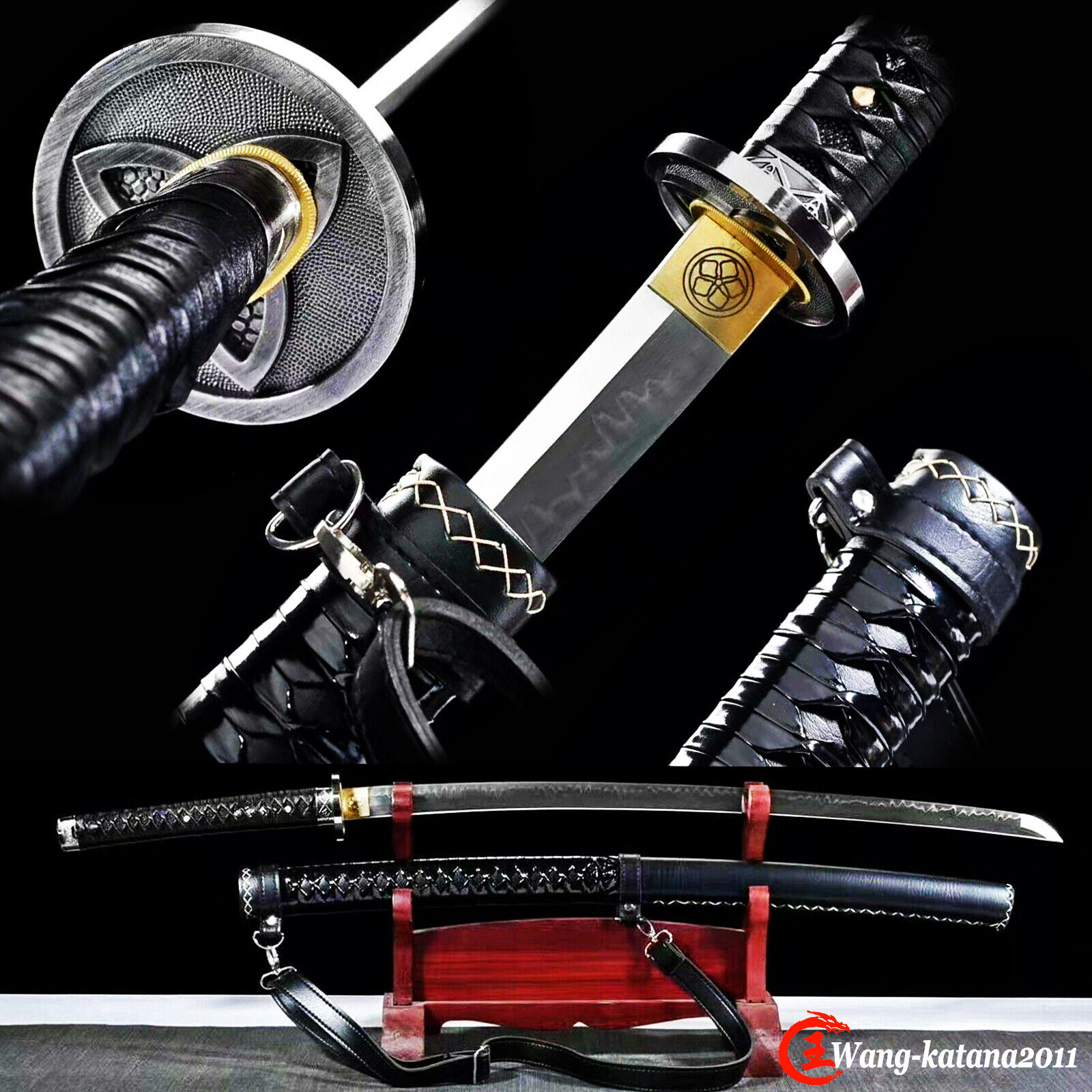 Black Leather Katana Clay Tempered T10 Japanese Samurai Sharp Sword with Straps