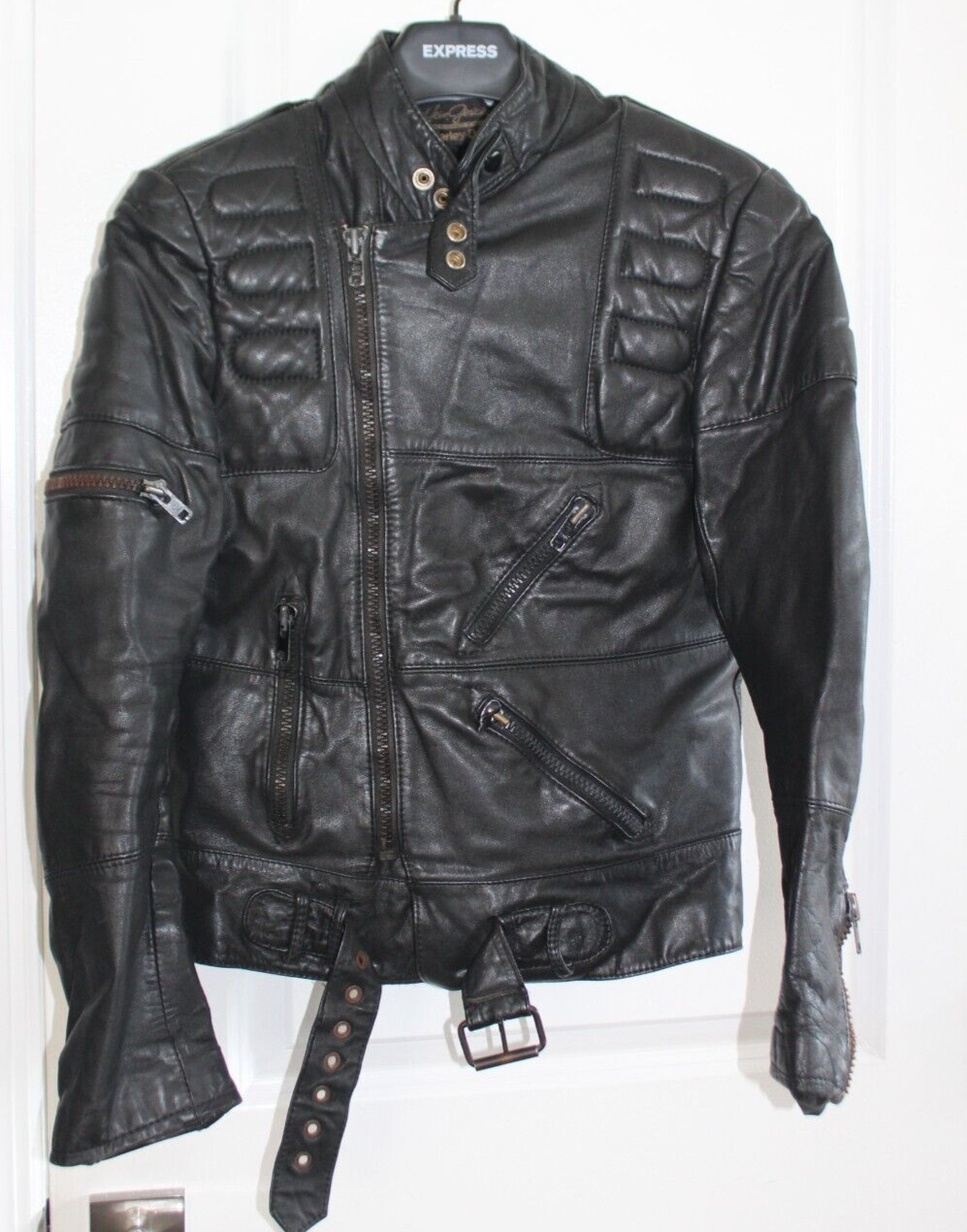 Harley- Davidson Vintage Black Leather Belted Biker Jacket Coat Men\'s 48 Regular