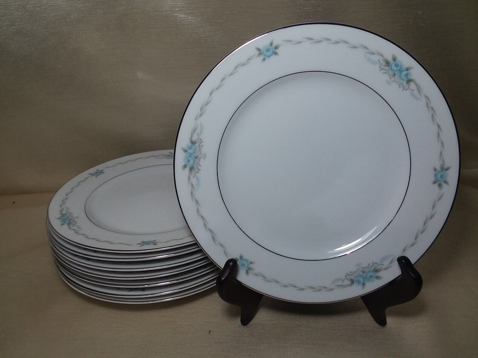 8 Style House Fine China Dessert Plates Corsage Silver Trim Turquoise 6.5\