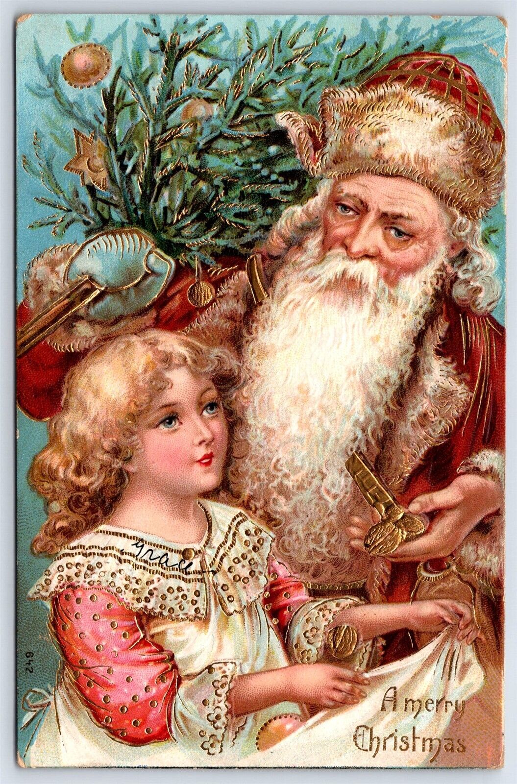 Postcard Gorgeous Gold Gilt Red Santa Claus Child Tree Merry Christmas c1910 S31