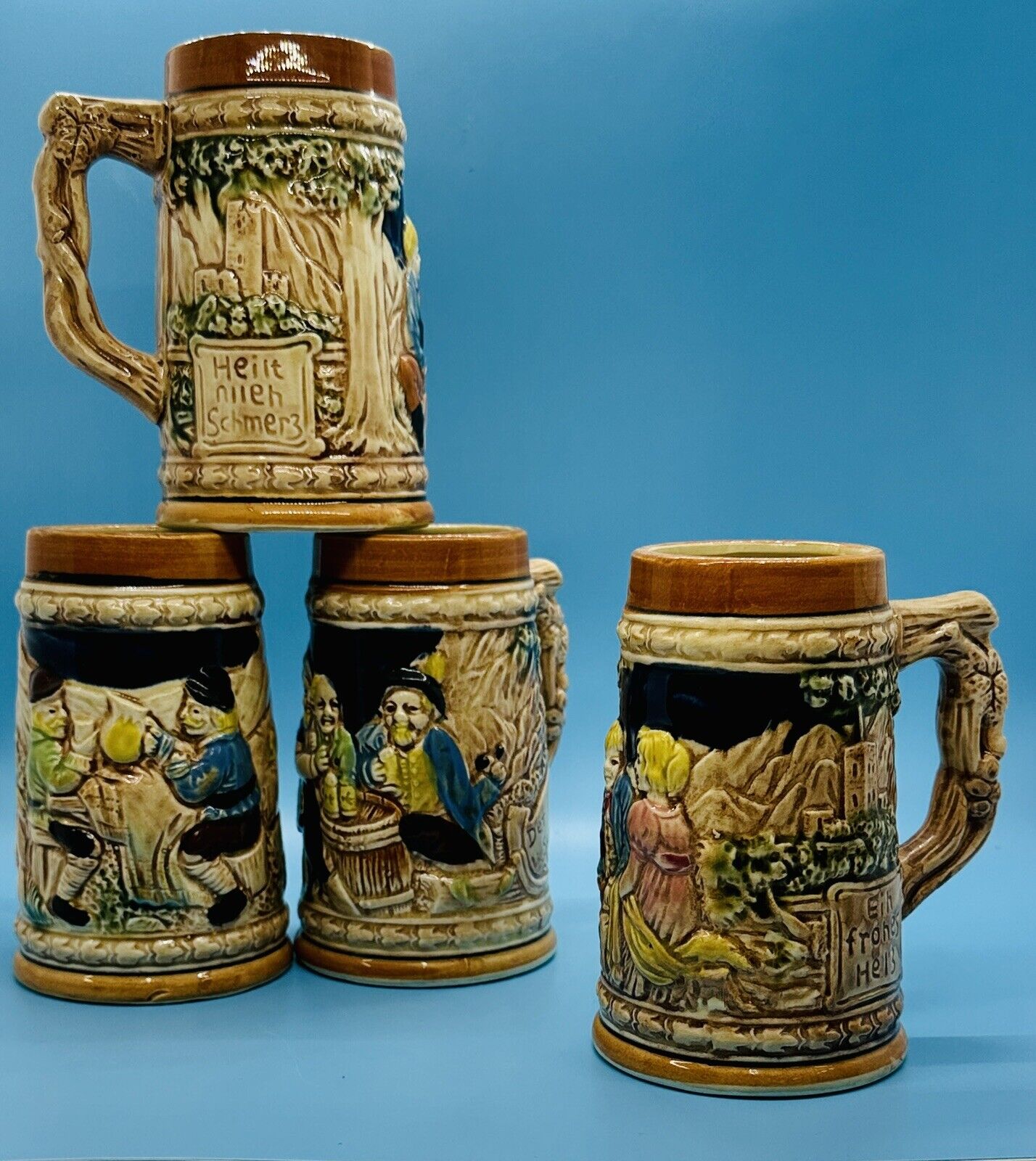 Vintage Glazed Ceramic Oktoberfest German Beer Bier Mug Stein JAPAN Set of 4