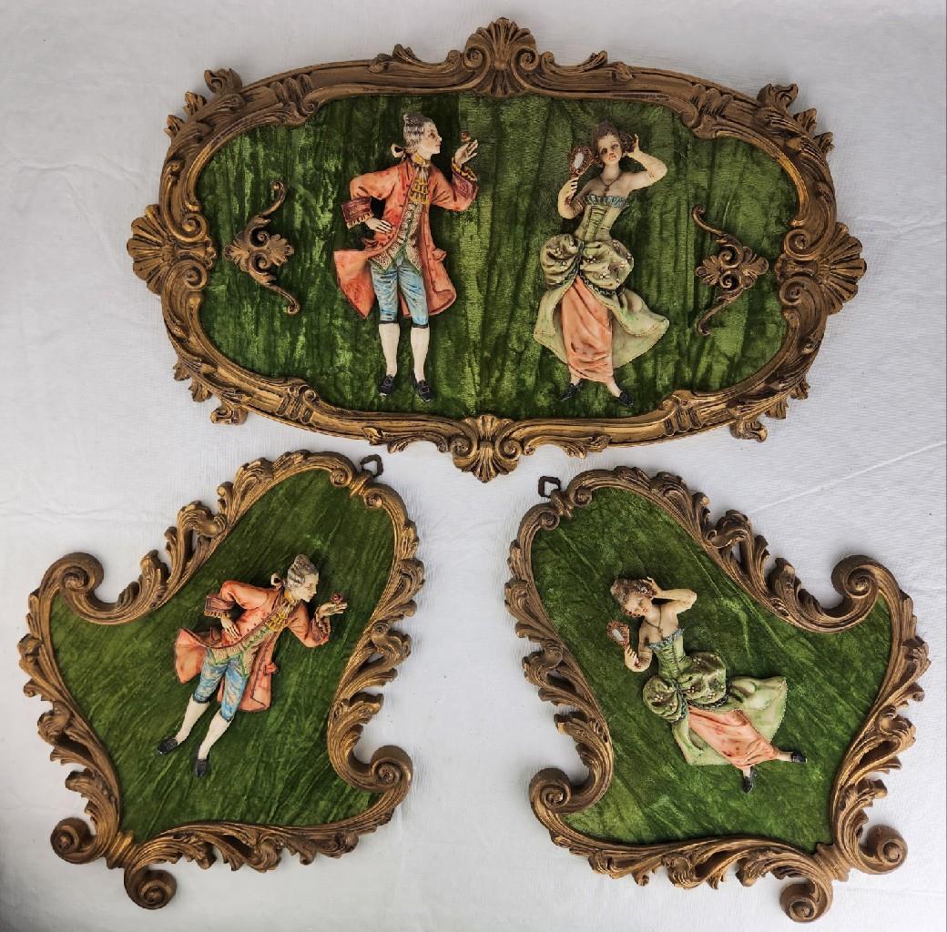Hollywood Regency Vintage Wall Plaques Eccentric Victorian Figures Depose Italy