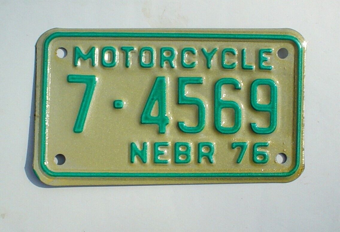 Old 1976 Nebraska Motorcycle License Plate 7-4569 Embossed Madison County