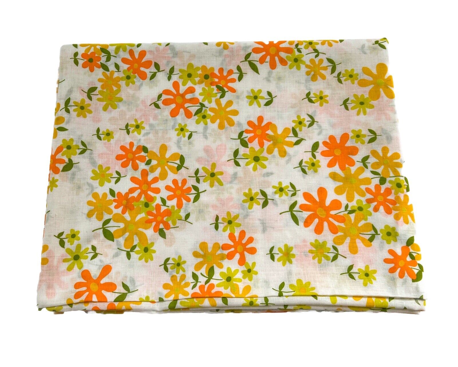 Vintage 60s 70s Mod Orange Yellow Daisy Floral White Cotton Fabric 3 Yds x 45”