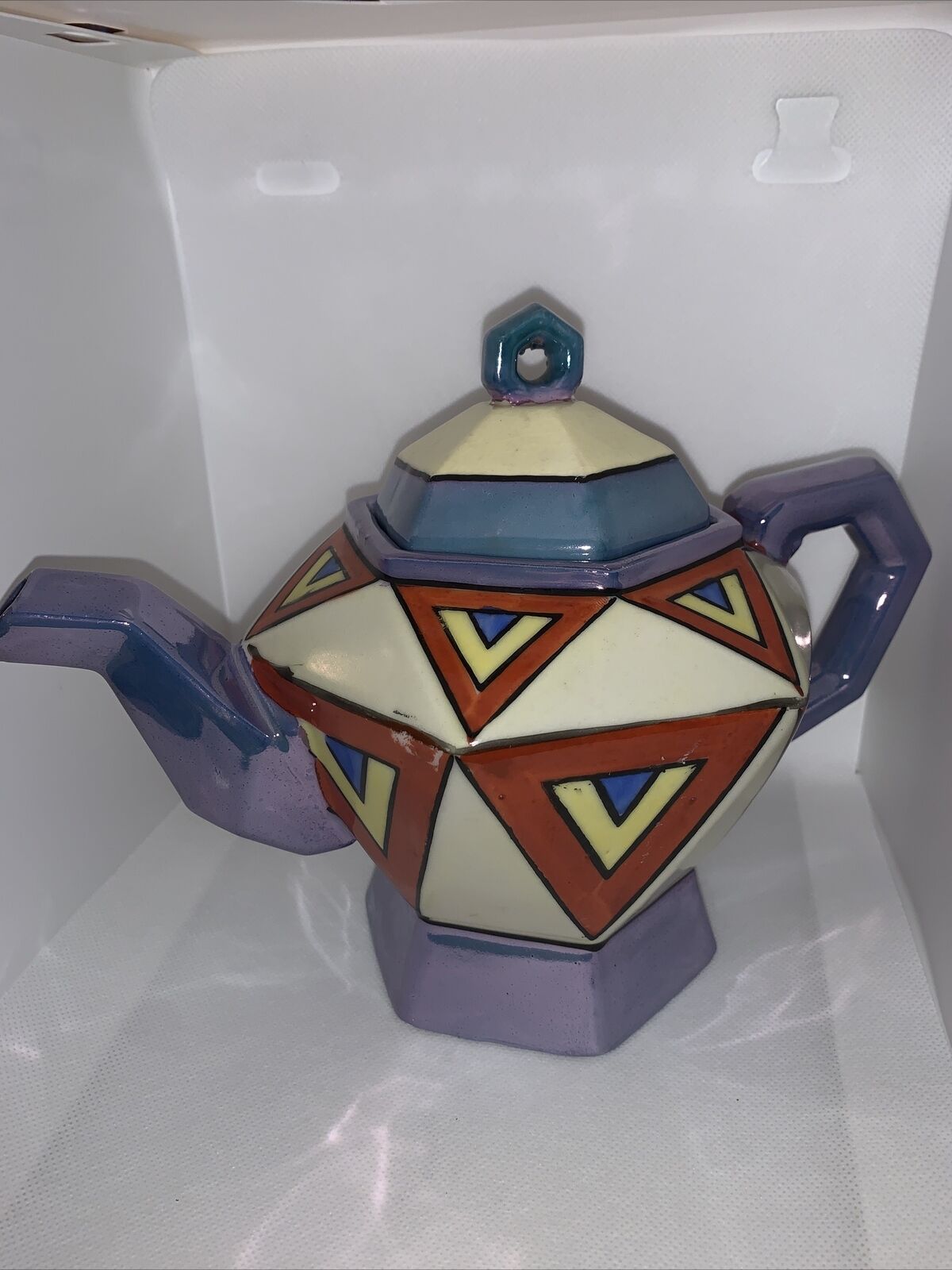 7x9 Aprx Vintage Hand Painted Japan Cubist Lusterware Geometric Graphic Teapot