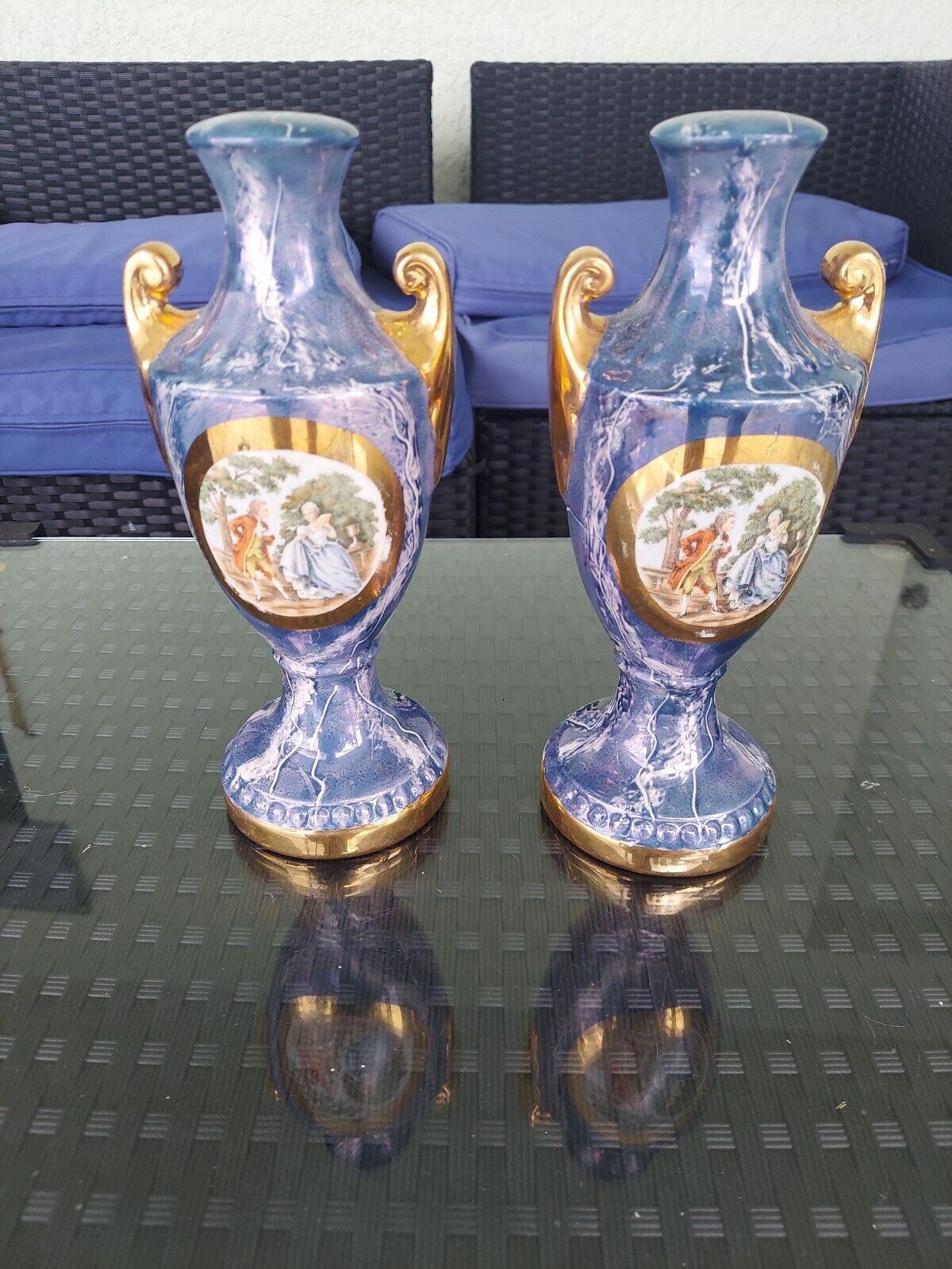 Pair of Vintage Cobalt Blue  Victorian Style of gentleman and Lady courting
