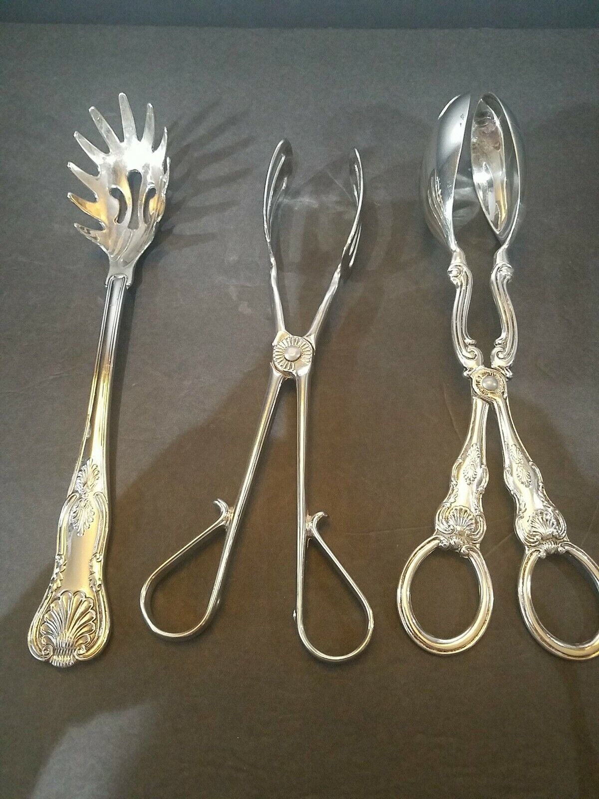 Collection Of Antique / Vintage Serving Tools, tongs heavy, 2 marked Shefield