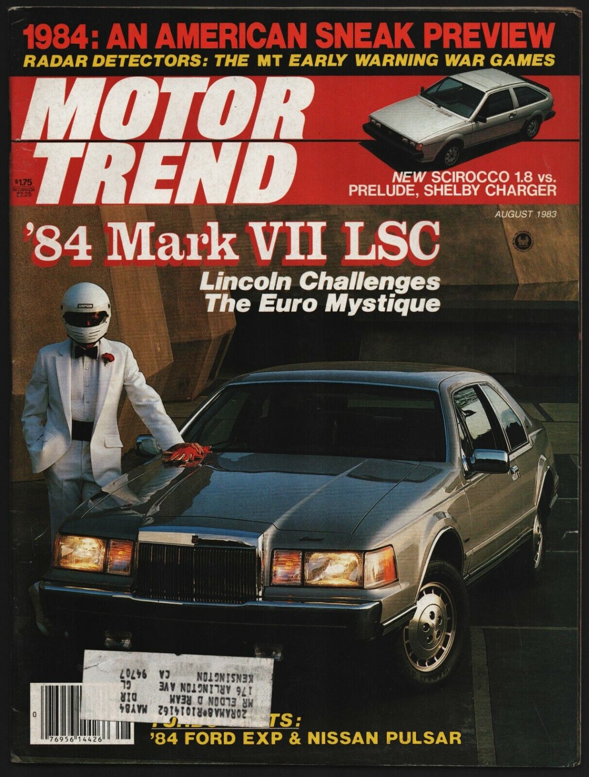 AUGUST 1983 MOTOR TREND MAGAZINE LINCOLN MARK VII LSC, SHELBY CHARGER, SCIROCCO